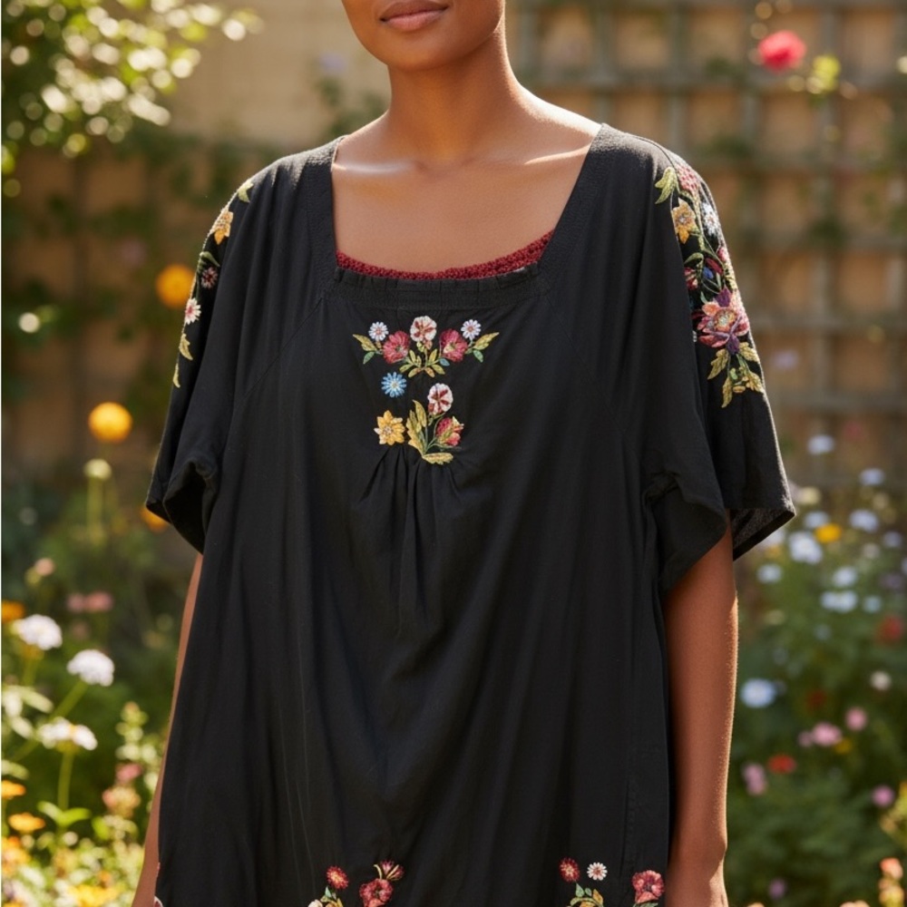 Johnny Was Black Blouse with Colorful Floral Embroidery